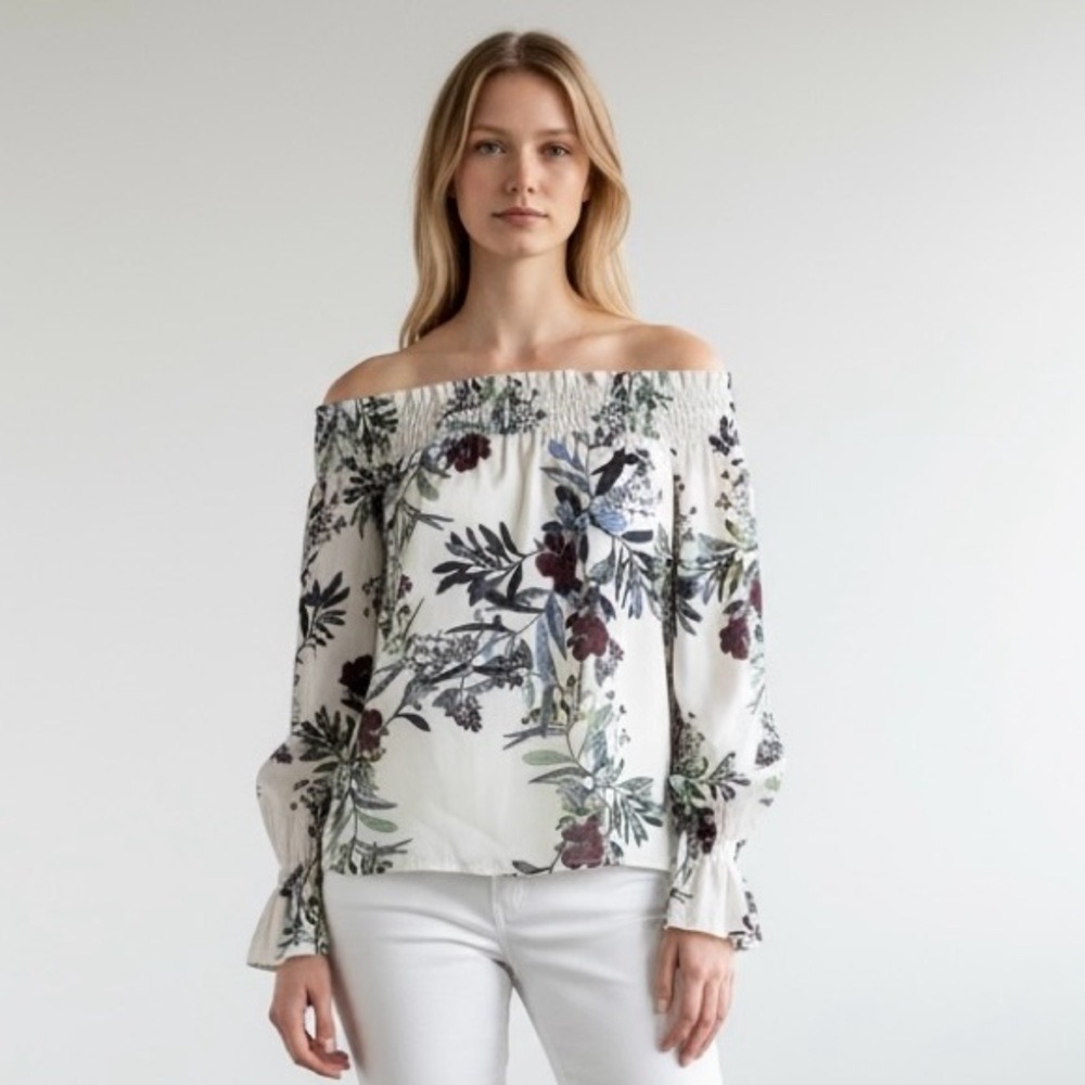 Guess Bethany Off White and‎ Floral Print Bell Long Sleeves Off Shoulder Blouse